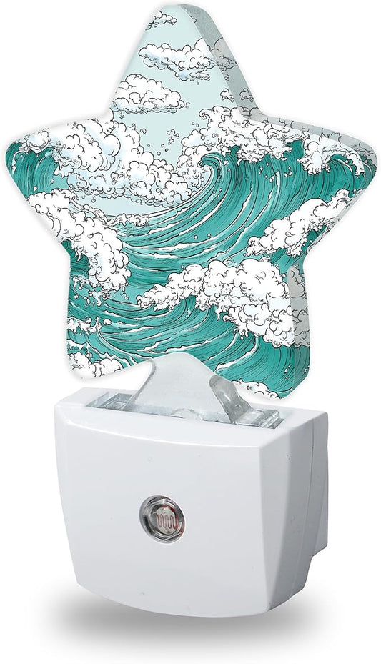 Japanese Wave Art Decorative Nightlight Plug in Wall,Classic Ocean Star Shaped Night Light with Built in Sensor for Home Decor,Kitchen Hallway Stairs Desk Lamp