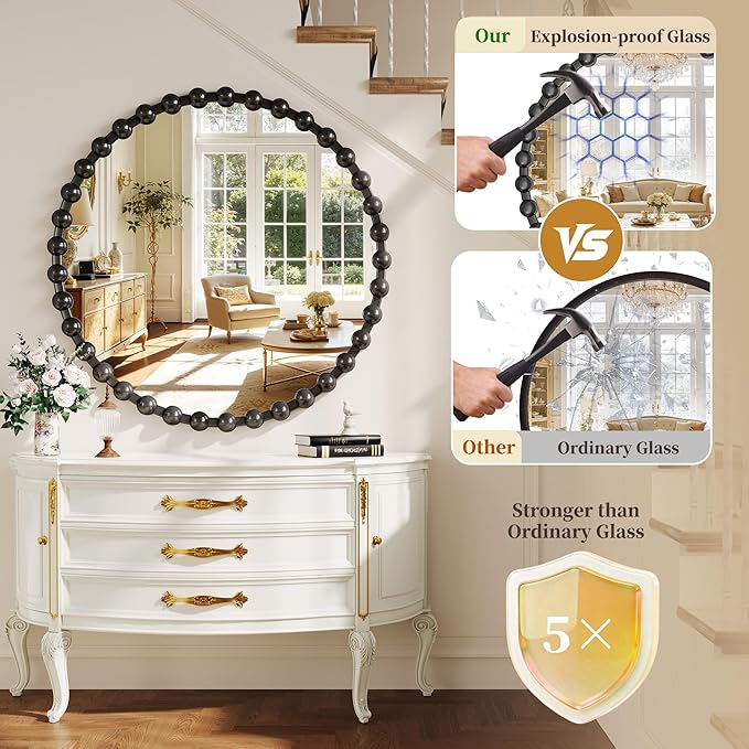 Round Vanity Mirror with Beaded Frame, 36 Inch Circle Wall Mirror for Bedroom Dresser, Entryway, Bathroom, Living Room, Decorative Hanging Wall Mirror, Black