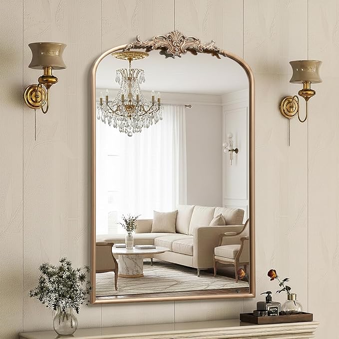 Besdomus Large Antique Wall Mirror: 24"x36" French Arched Champagne Gold Vintage Vanity Wall Mounted Mirror - Traditional Ornate Home Decor for Entryway/Bedroom/Bathroom - Baroque Idea for Housewife