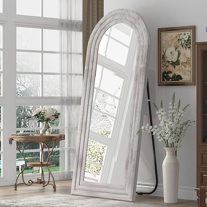 ZHUNFA Arched Full Length Mirror with Solid Wood Frame, 65x22 Farmhouse Wall Mirror Full Length with Stand, Vertical Hanging, Leaning Standing for Bedroom, Living Room, Rustic White