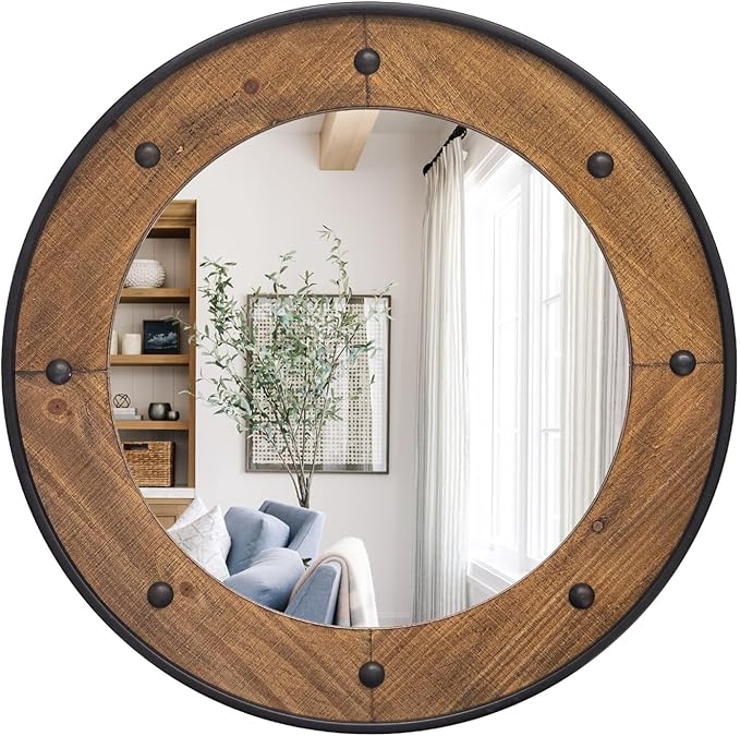 Rustic Round Wall Mirror 30 Inch, Natural Wood Frame with Black Metal Trim, Industrial Farmhouse Round Wood Mirror, Decorative Wall Mirror for Bathroom, Living Room, Entryway