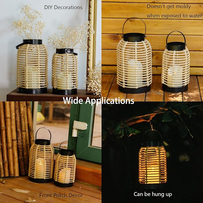14in Lanterns Decorative for Home Decor- Decorative Candle Lanterns w/ LED Candles- Boho Rattan Woven Hanging Black Lanterns Decor for Indoor, Outdoor, Patio & Porch, Tabletop, Fireplace & Mantle