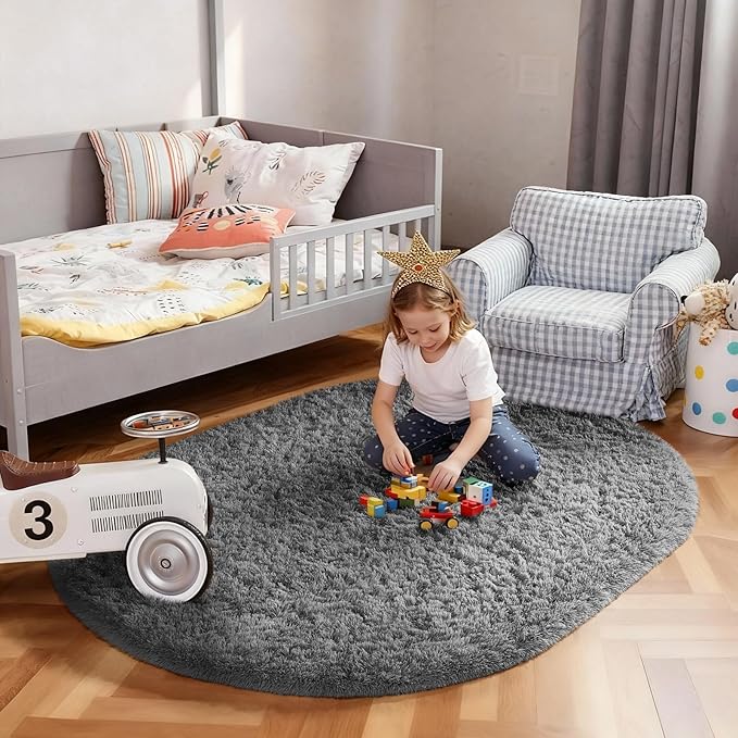 Ophanie 3x5 Grey Oval Rugs for Bedroom Living Room, Gray Small Fluffy Fuzzy Carpet, Plush Soft Shaggy Bedside Indoor Floor Area Rug for Kids Girls Boys Baby Teen Dorm College Home Decor Aesthetic