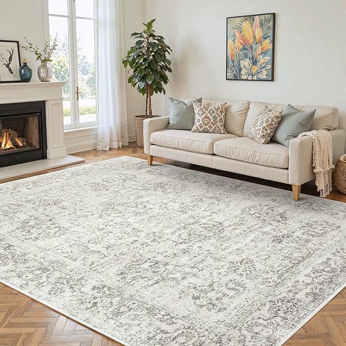 Rugxara 6x9 Washable Area Rug for Living Room, Neutral Vintage Large Boho Rugs for Office, Dining Room, Kids Room, Farmhouse, Durable Low Pile Non Slip Carpet for High Traffic Areas, Light Grey