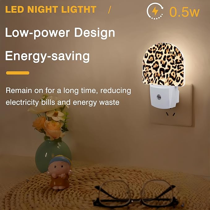 Cheetah Night Lights Plug into Wall Leopard Print Night Light Dusk to Dawn Smart Sensor Decorative Round Led Lamp for Bedroom Kitchen Hallway Nightlight for Women Men