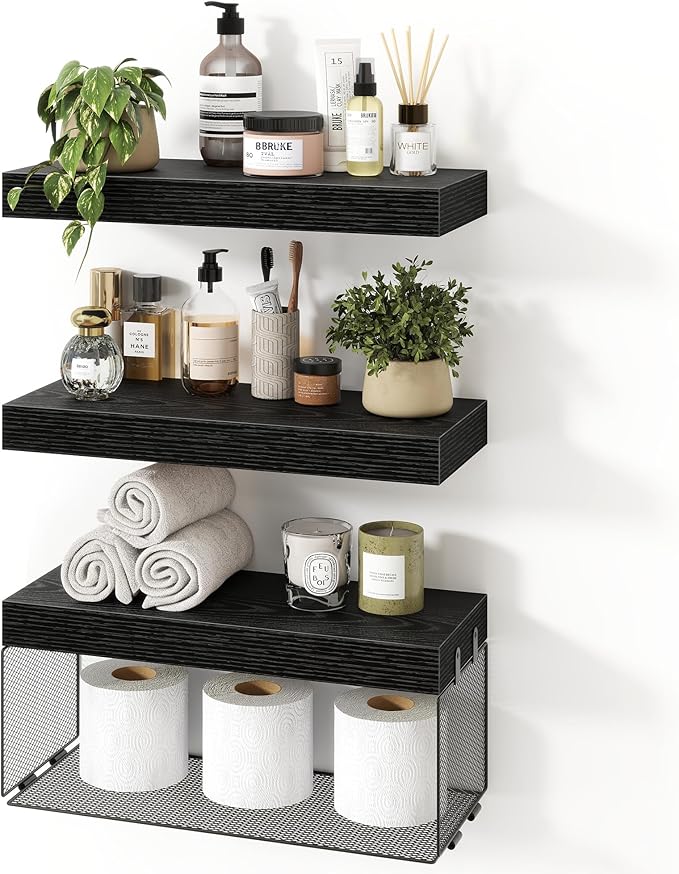 Acovy Bathroom Floating Shelves for Wall,16 inch Wall Mounted Floating Shelf Toilet Organizer and Storage,Small Farmhouse Decor Shelf,Black,Set of 3