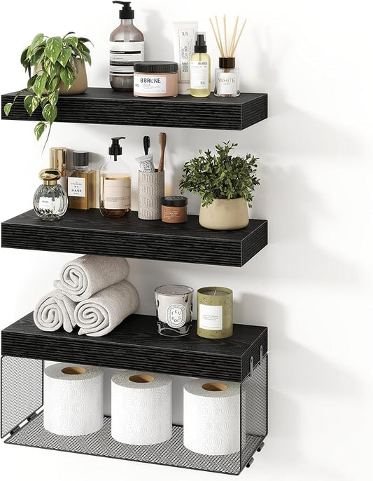 Acovy Bathroom Floating Shelves for Wall,16 inch Wall Mounted Floating Shelf Toilet Organizer and Storage,Small Farmhouse Decor Shelf,Black,Set of 3