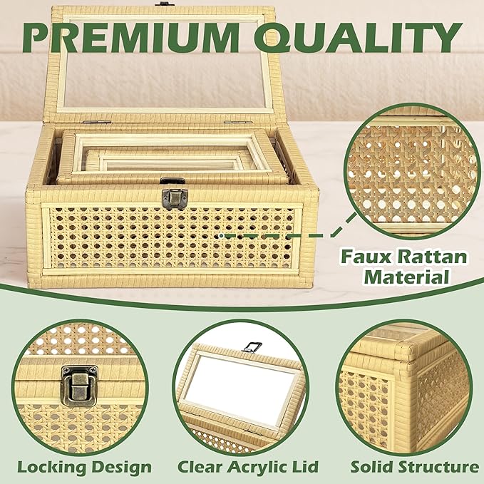 Rattan Decorative Boxes with Lid 3 Packs, Woven Cane Storage Box Rectangular Set of 3, Rattan Box with Acrylic Lid for Home Decor