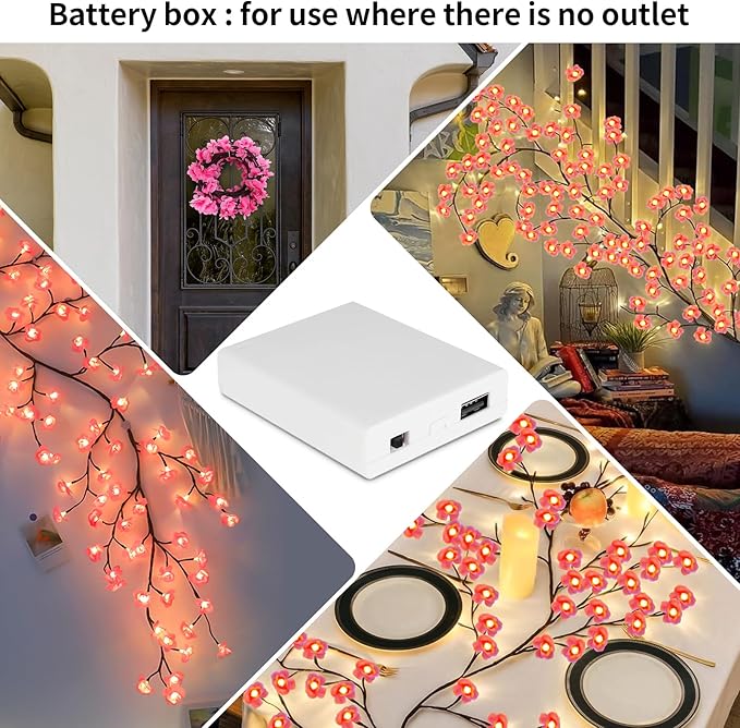 FNHMSL Cherry Enchanted Willow Vine Lights, 4FT 48LED 1PCS Pink Cherry Blossom Tree Branch Lights for Wall, Remote Timer,8 Light Model,Bedroom Wall Doors Wedding, Christmas, USB Battery Box