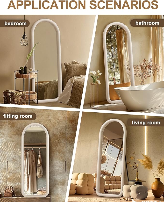 Delma Arched Full Length Mirror, Free Standing Floor Velvet Finish Frame Mirror for Leaning or Hanging, Soft Touch Bedroom & Living Room Decor, Cream White