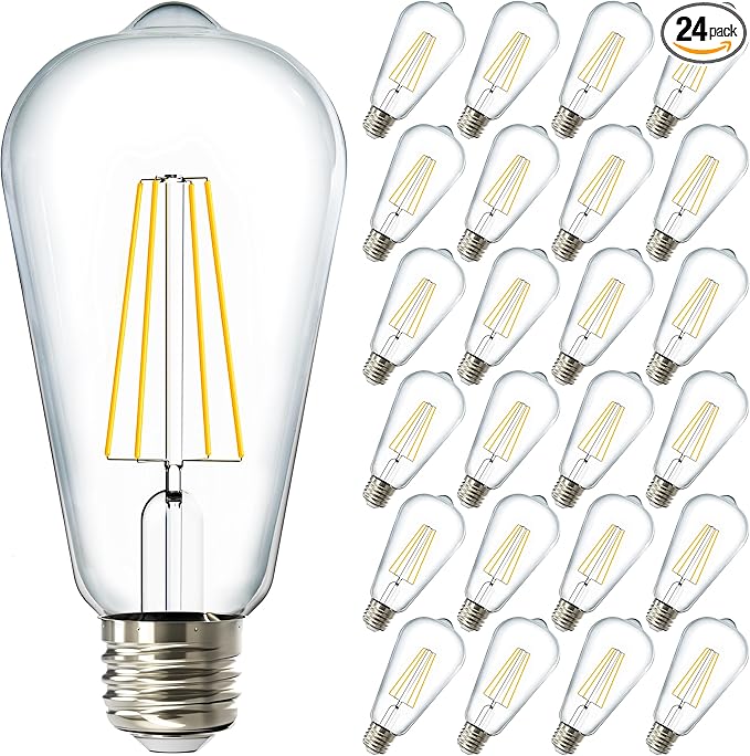 Sunco 24 Pack Edison Bulbs LED ST64, Clear Vintage Filament Waterproof Bulb, 800 LM, 8W (60W Equivalent), ST19, 3000K Warm White, E26 Medium Base, Decorative Dimmable UL