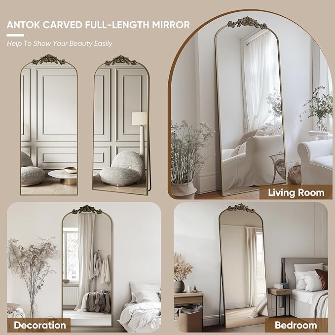 Antok Arched Full Length Mirror, 65"x24" Floor Mirror with Carved, Full Body Mirrors for HomeDecor, Standing/Halling Large Wall Mirror for Bedroom, Living Room, Cloakroom, Bronze, Retro Style