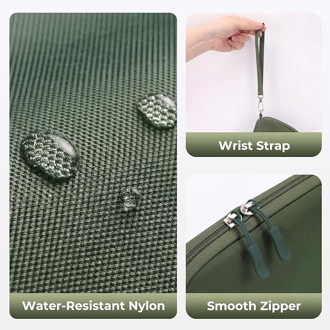 FYY Travel Cable Organizer - 8 Compartments Lightweight Water Resistant Tech Pouch with Wrist Strap, Portable Electronic Accessories Case for Cord Charger Storage for Travel Home Office, Green (Small)