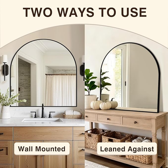 Vanity Bathroom Mirror for Wall, 32”x30” Arched Bathroom Mirror for Over Sink, Arched Metal Frame for Bedroom, Living Room, Entryway, Hanging or Leaning, Black
