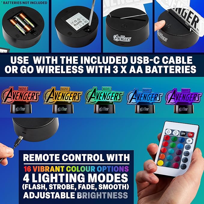 Get Trend Marvel Avengers 3D Illusion Night Light for Kids, 16 Colors, 4 Lighting Modes, Dimmable, Dual Powered LED Desk Lamp with Remote Control, Bedroom Decor, Gifts for Boys, Girls (Multi Avengers)