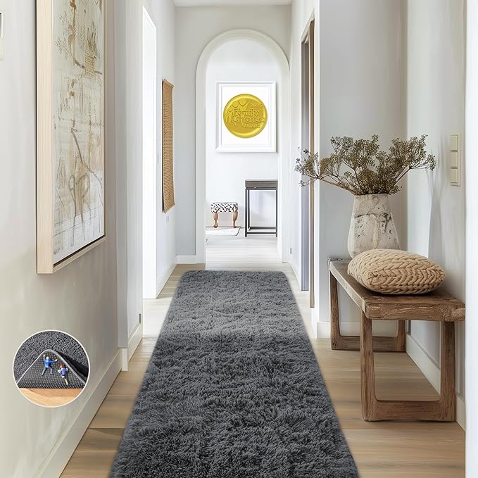 Ophanie 2x6 Runner Rug for Hallway, Upgrade Non-Slip Fluffy Soft Bedside Rugs, Bedroom Living Room Grey Shaggy Gray Carpet for Kids Girls Boys Dorm Nursery Home Decor Aesthetic