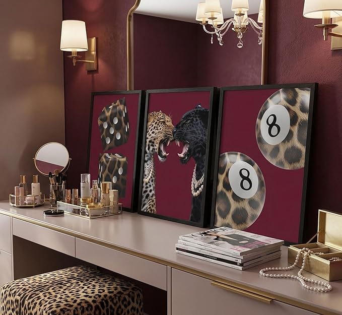 3Pcs Trendy Leopard Canvas Wall Art Funky Lucky 8 Ball Posters Prints Paintings Eclectic Cheetah Preppy Aesthetic Pictures Wall Decor for Bedroom Dorm Living Bathroom Unframed