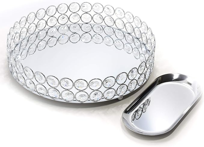 Crystal Decorative Tray Metal Mirrored Perfume Cosmetic Organizer Jewelry Trinket Display Storage Vanity Trays Home Décor Accents Luxury Gift (Round, 10in, Silver)