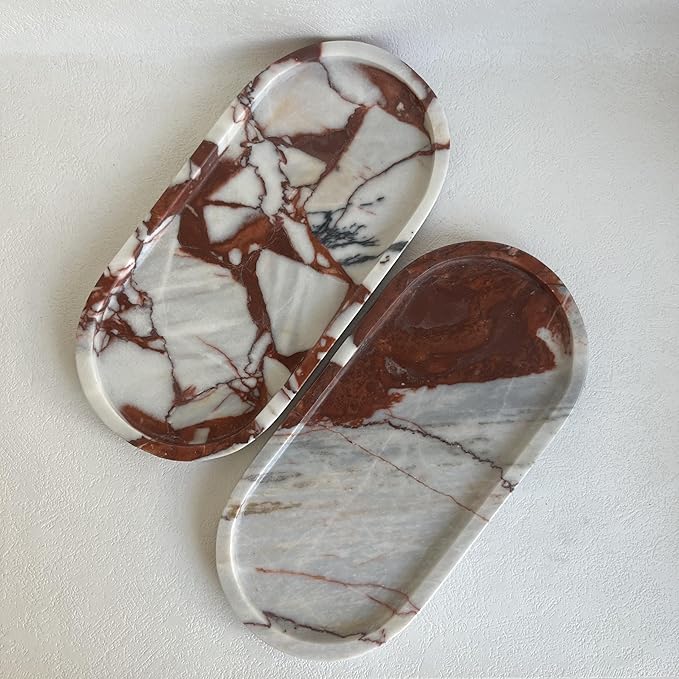 Natural Marble Oval Tray Ornaments Vintage Small Tray Storage Dish for Counter, Vanity, Dresser, Nightstand and Desk (Calacatta Red)