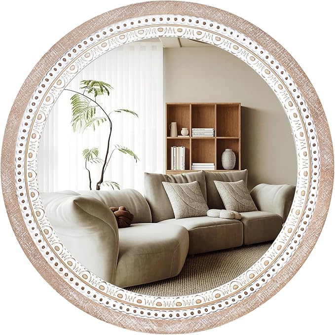 Reflinto 30 Inch Rustic Farmhouse Round Wood Mirror Wall Decor, Boho Circle Decorative Mirrors for Bathroom Over Sink, Bedroom, Living Room, Entryway, Foyer