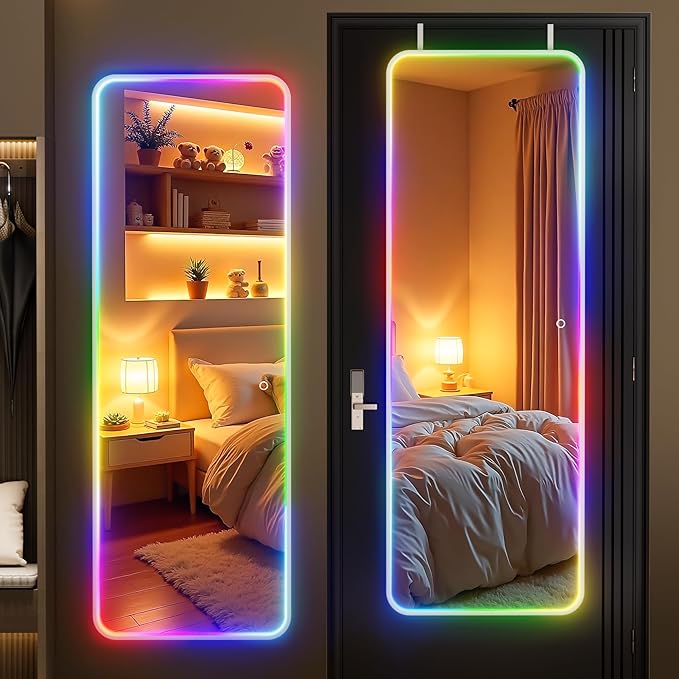 Hasipu 51"x17.7" LED RGB Door Mirror Full Length, Full Body Full Length Over The Door Mirror with Lights, Door Hanging & Wall Mounted Mirror for Bedroom, Living Room, Cloakroom