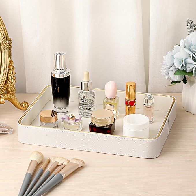 Hipiwe PU Leather Jewelry Tray Bedside Organizer Holder Perfume Vanity Tray for Jewelry Earrings Trinket Dish Skincare Organizing Tray, 11.3" x 8.3" x 1.5"