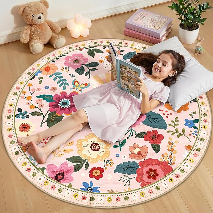 RELEANY Floral Nursery 4ft Area Rugs Washable Print Boho Cute Carpet Non Slip Flower Low Pile for Living Room Kids Girls Playroom Bedroom Kitchen Office Farmhouse-Pink