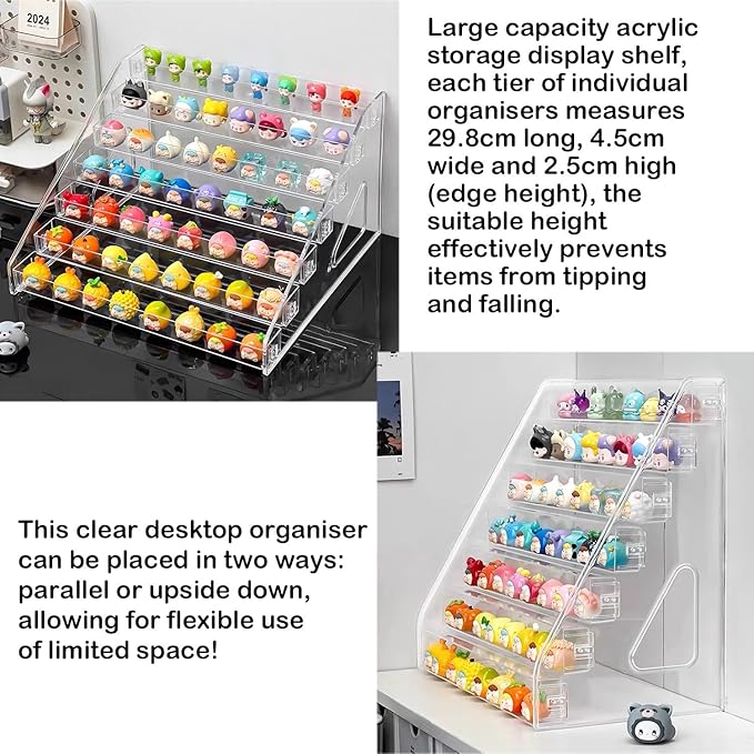 5 Tier Acrylic Display Stand Organiser with Fences, No Assembly Perfume Stand Organiser, Clear Display Shelf for Home, Office, Retail for Funko Figures Toys Cupcake Food, Cologne, Cosmetics, Storage