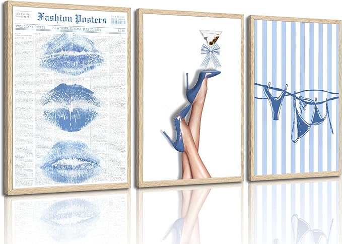 3Pcs Trendy Coquette Wall Art Blue Lips Bikini & Bow Heels Wall Decor Pictures Vintage Martini Newspapaer Canvas Posters Prints for Y2K Girly Room Dorm Apartment Preppy Aesthetic Decor 16x24in