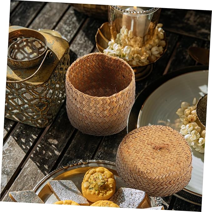 VALICLUD Wicker Lidded Basket Storage Box Lid for Home Handmade Basket Decorative Flower Bin