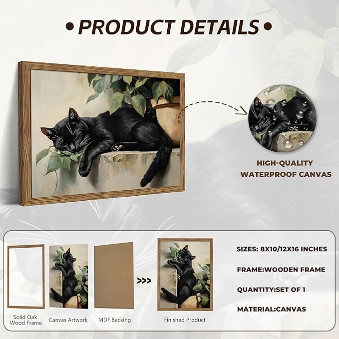 Framed Black Cat Wall Art, Vintage Sleeping Cat Picture Wall Decor, Cute Animal Poster Canvas Prints, Rustic Plant Paintings Artwork for Living room Bedroom Bathroom Decor – 8x10 inch
