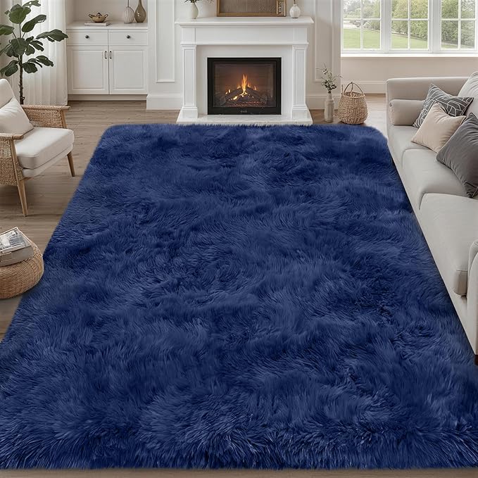 Fluffy Area Rugs 9x12 Living Room Bedroom: Ultra Soft Shag Rug Upgrade Non-Slip Non-Shedding Large Fuzzy Plush Carpet Indoor Floor Carpets for Kids Room Playroom Nursery Dorms Home Decor Blue