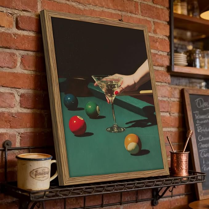 Vintage Cocktail Wall Art, Funky Martini Glass Billiards Canvas Wall Decor Painting, Trendy Y2k Aesthetic Bar Artwork Prints Pictures for Living Room Home Bar Lounge 16x24 Inch Wood Framed