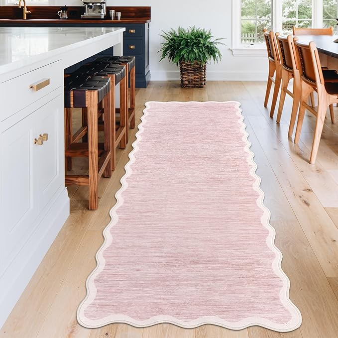 GarveeHome Scalloped Washable Runner Rug 2x6 Runner Non Slip Kitchen Rug Modern Pink Rug Entryway Rug Farmhouse Soft Bathroom Rugs Stain Resistant Carpet for Hallway Laundry Bedroom 2'x6' Pink