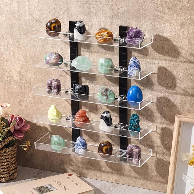 Novabright 5 Layer Rock Display Shelves Clear Acrylic Floating Shelves Wall Organizer for Stone Collection 11.8" Rock Display Stand for Stone Minerals Gemstones Crafts Figure Perfume for Living Room