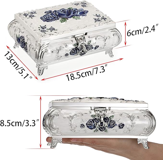 Hipiwe Metal Decorative Jewelry Box Vintage Treasure Chest Case Ornate Trinket Organizer Earrings Necklace Bracelet Storage Box Ring Holder Keepsake Box for Women