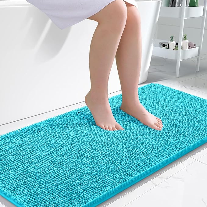 OLANLY Large Bathroom Rugs 45x27, Extra Soft Absorbent Chenille Bath Rugs, Rubber Backing Quick Dry, Machine Washable Bath Mats for Bathroom Floor, Tub and Shower, Home Decor Accessories, Aqua Sky