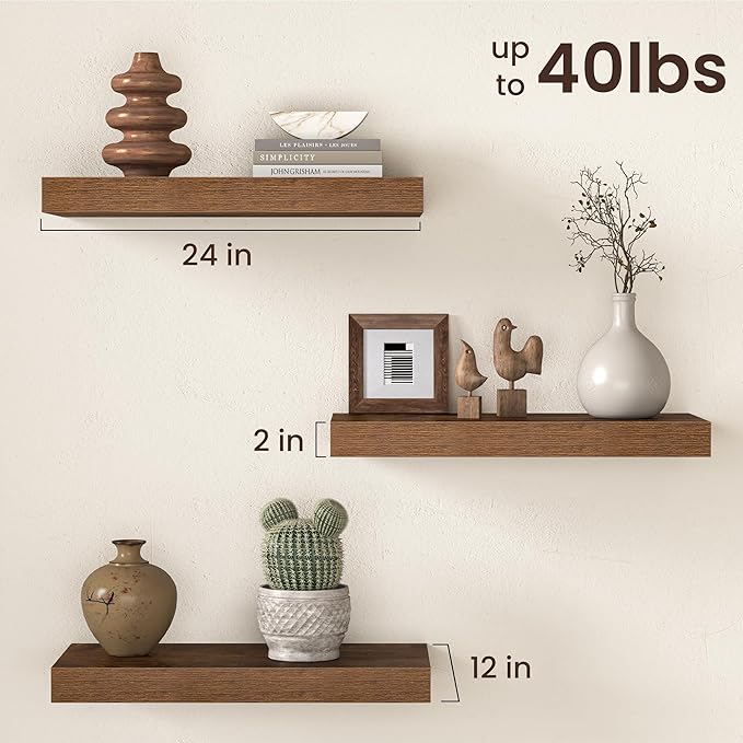 Fun Memories 12 Inch Deep Floating Shelf, 24 x 12 Rustic Wood Wall Shelf for Books, 2" Thick Deep Floating Shelf for Storage & Display in Kitchen, Living Room, Bedroom, Rustic Brown, 2 Packs