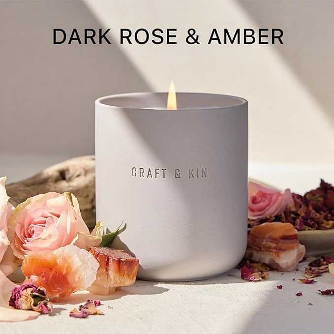 Craft & Kin Scented Candles - Dark Rose & Amber Holiday Candles | 10oz Soy Blend with Cotton Wick | Long-Lasting, 40-Hour Burn | Ceramic Jar, Perfect & Winter Home Scent