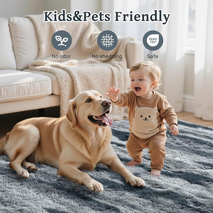 8x10 Ft Large Shag Plush Rugs for Living Room,Ultra Soft Fluffy Furry Area Rugs Non-Slip Carpet for Bedroom,Nursery,Kids Room,Dorm,Aesthetic Home Decor (Blue)