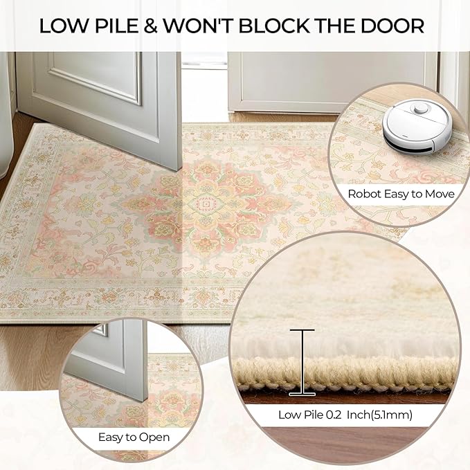 CAPALOCA Machine Washable Rugs Nursery Rug 2x6 Cute Girl Non Slip Low Pile Water Repellent Soft Print Pattern for Bedroom Indoor Decor Kids Playroom Pink Green