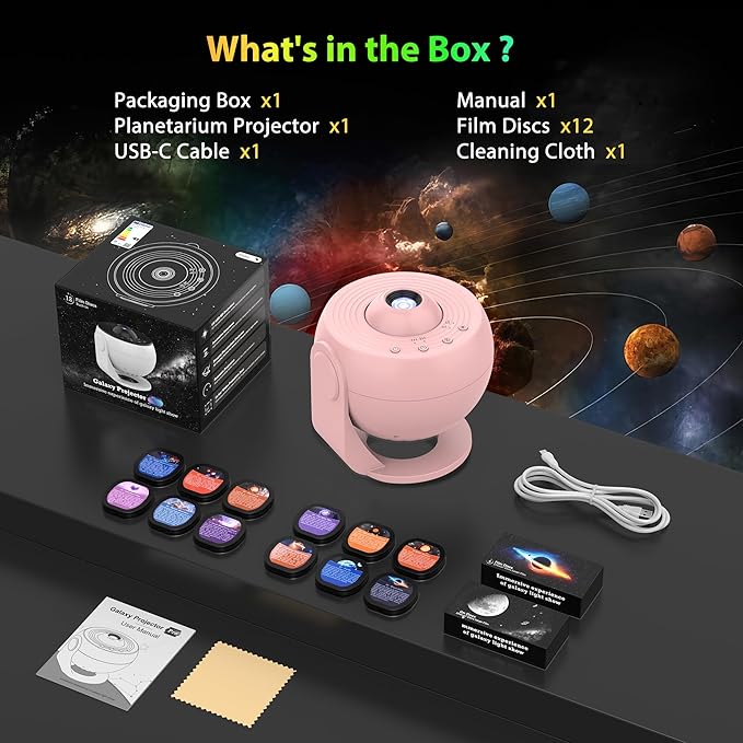 Galaxy Projector for Bedroom Pro Version, Upgraded Film Disc Star Projector for Kid 12 in 1 Planetarium Projector HD Image Adjustable Knob 360° Rotating 1/2h Timer Simple 4-Button Control