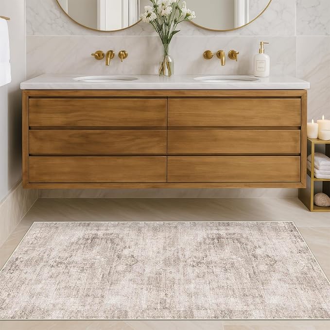 Hazo Haus Washable Non Slip Stain Resistant 2x5 Runner Rug for Bathroom, Kitchen, Laundry Room, Bedroom Beside Bed, Unique Tan Distressed Abstract Eclectic Runner Décor, Beige Brown
