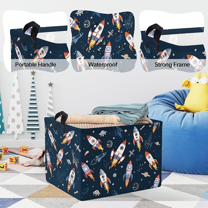 Clastyle Cosmic Space Kids Book Storage Basket Planet Clothes Laundry Basket Parents Gift Toy Box for Bedroom Shower, Rocket, 40x30x30 cm