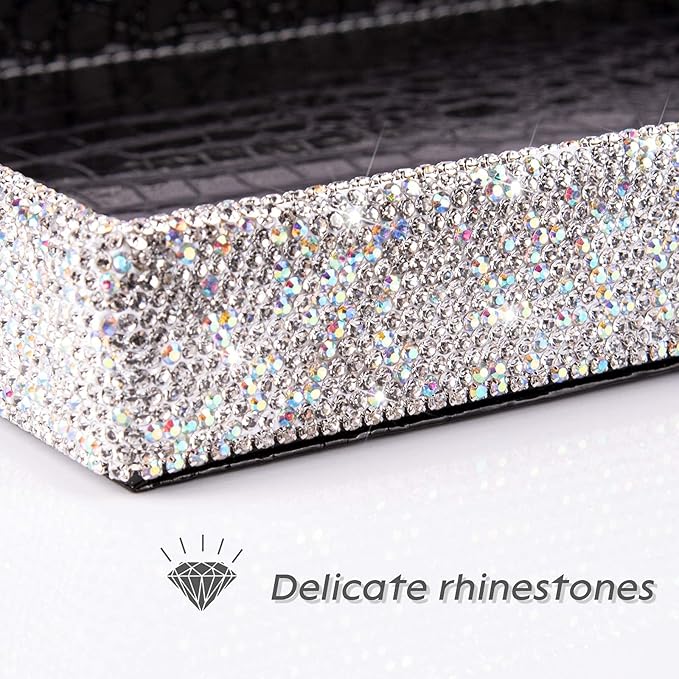 Jewelry or Makeup Storage Box Organizer Display Storage Case Desk for Dresser, Bathroom, Bedroom, and Makeup Perfume,Magnificent Handmade Serving Tray, Handicraft with Glittery Crystal(Silver)