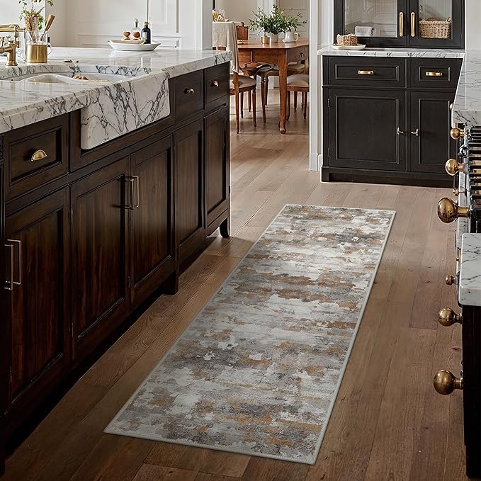 GENIMO Washable Rugs 2x8 Runner Rugs for Hallway Kitchen, Modern Lightweight Rug Ultra Soft Indoor Runner Rugs for Entryway, Low Pile Carpet with Non Slip Backing, Grey Brown Beige