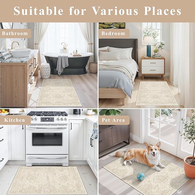 2x3 Washable Non-Slip Area Rug - Soft Low Pile Throw Rug for Kitchen Entryway Bedroom - Vintage Distressed Indoor Door Mat with Rubber Backing (Ivory Beige)