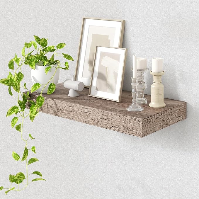 FLYJOE 12 Inch Deep Floating Shelves | 24 Inch Grey Floating Shelves | 24''W x 12''D Rustic Grey Wood Shelves for Wall | Deep Wood Shelves for Living Room Bathroom Laundry Room Kitchen