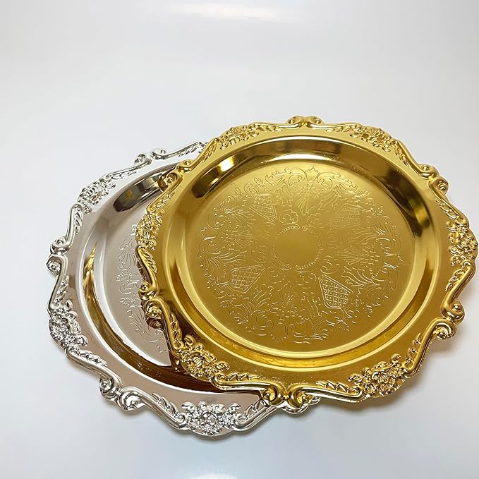 Tray Stainless Steel Decorative Trays Round Gold, Vintage Jewelry Perfume Storage Organizer with Embossed Rims, Small Display Tray Organizer for Dresser,Bedroom,Home Decor