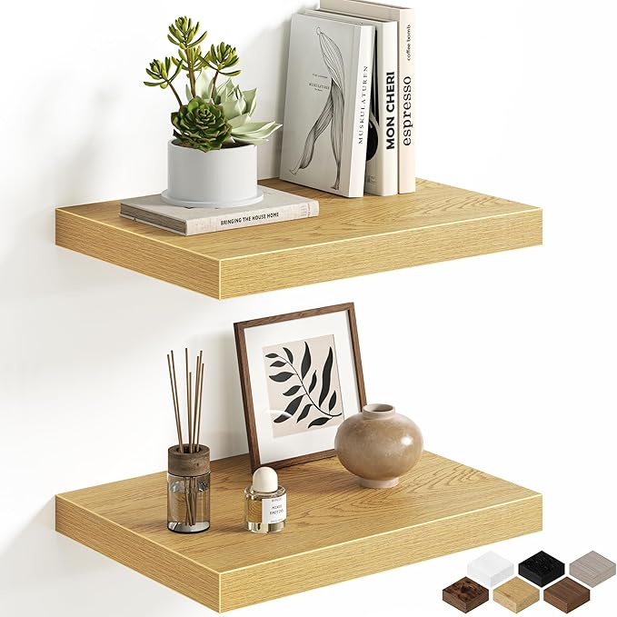 Floating Shelves for Wall, 16'' W x 12'' D Wall Mounted Rustic Wood Shelves for Bathroom, Bedroom, Living Room, Kitchen, Hanging Shelf for Storage/Room Decor with Heavy Duty Brackets, Oak, 2 Pack